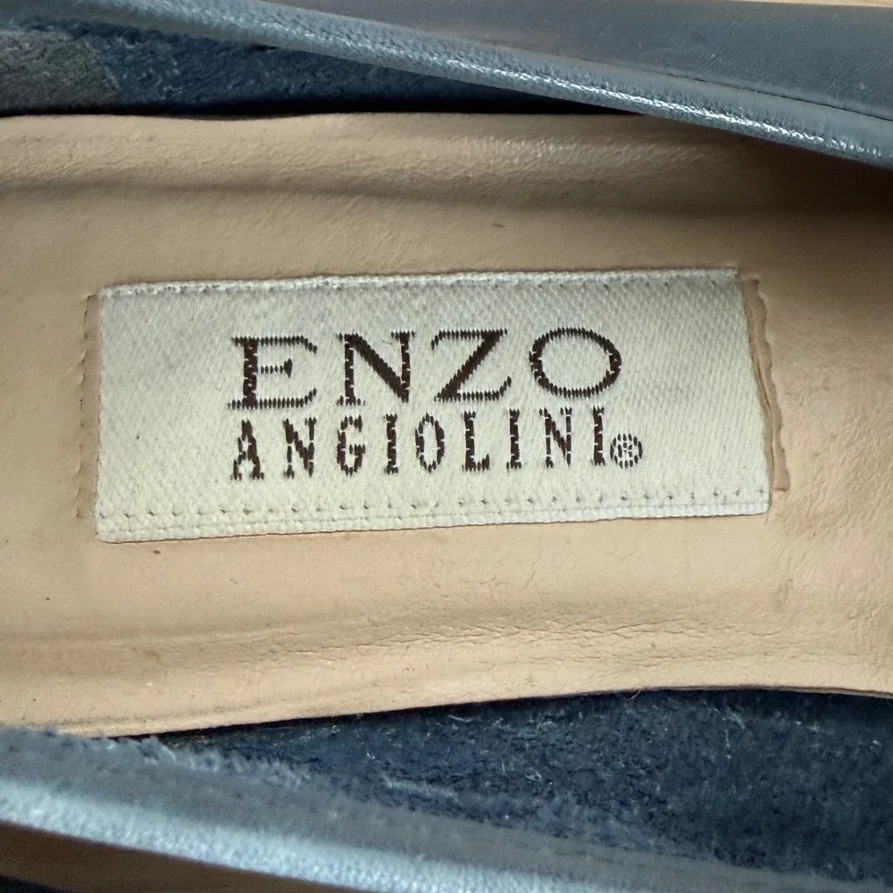 Enzo Angiolini Leather‎ Loafers 8N Blue Bow Square Toe Dark Academia Flats